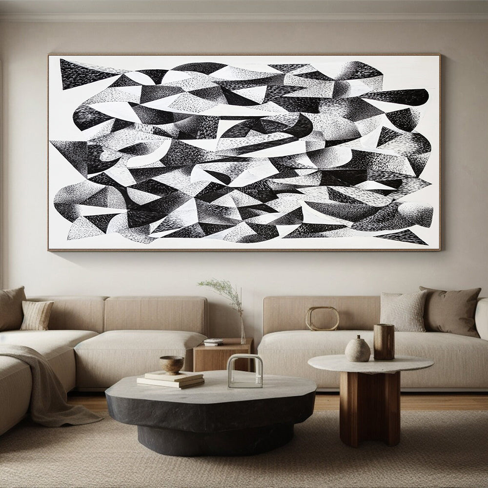 Black and White Geometric Abstraction "Monochrome Geometry" Painting On Canvas HB390