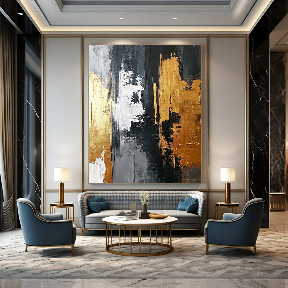 Abstract artwork featuring a gold and gray palette with bold brush strokes and white highlights on a dark gray background, emphasizing texture and dynamic design. DLZ0705