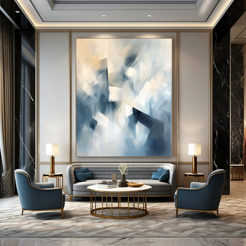 Contemporary abstract painting featuring soft shapes and forms in light blue and white with geometric elements and a dreamlike atmosphere. DLZ0643