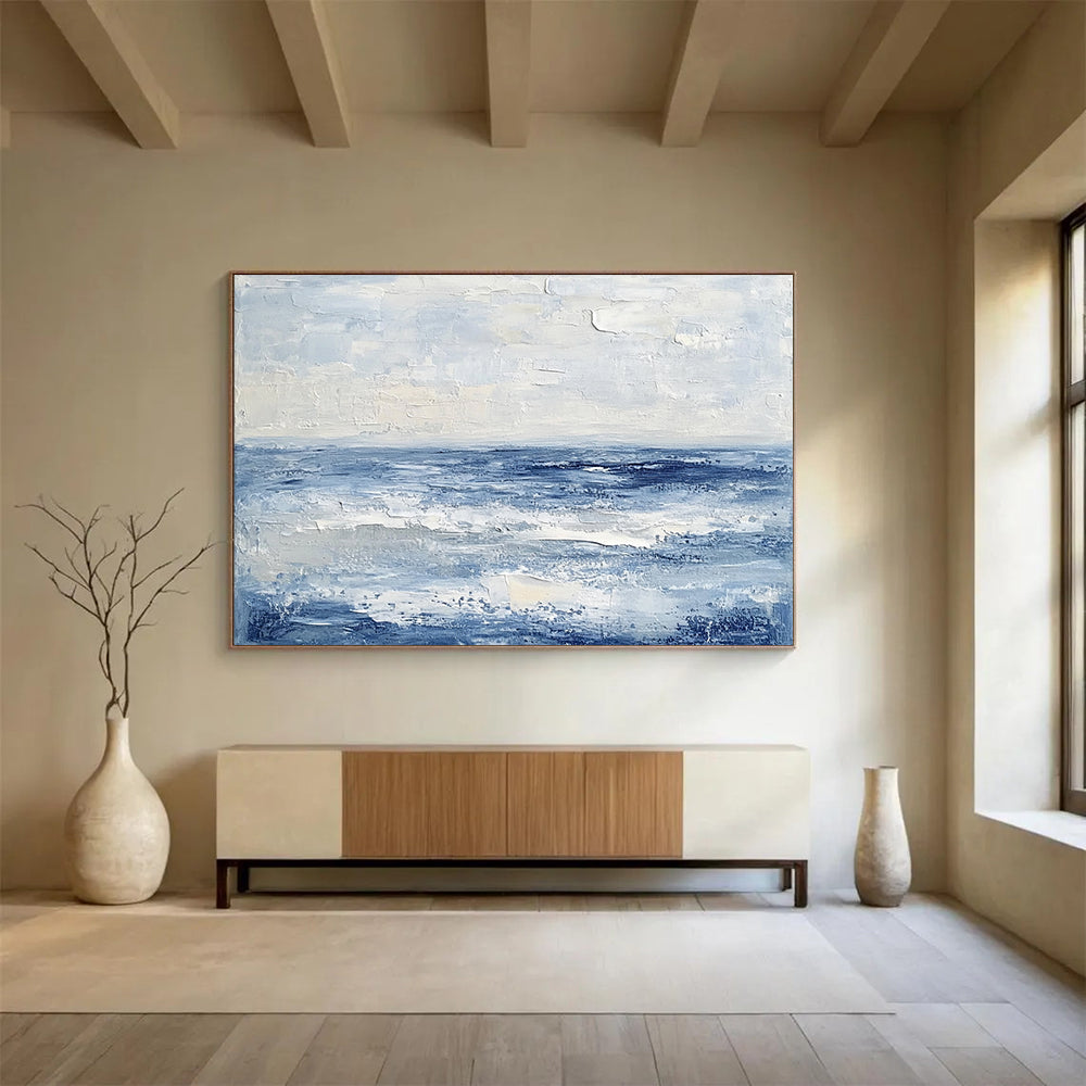 “Textured Blue Ocean” - Shades of blue, white; Abstract ocean waves; Impasto Oil Painting On Canvas HB1192
