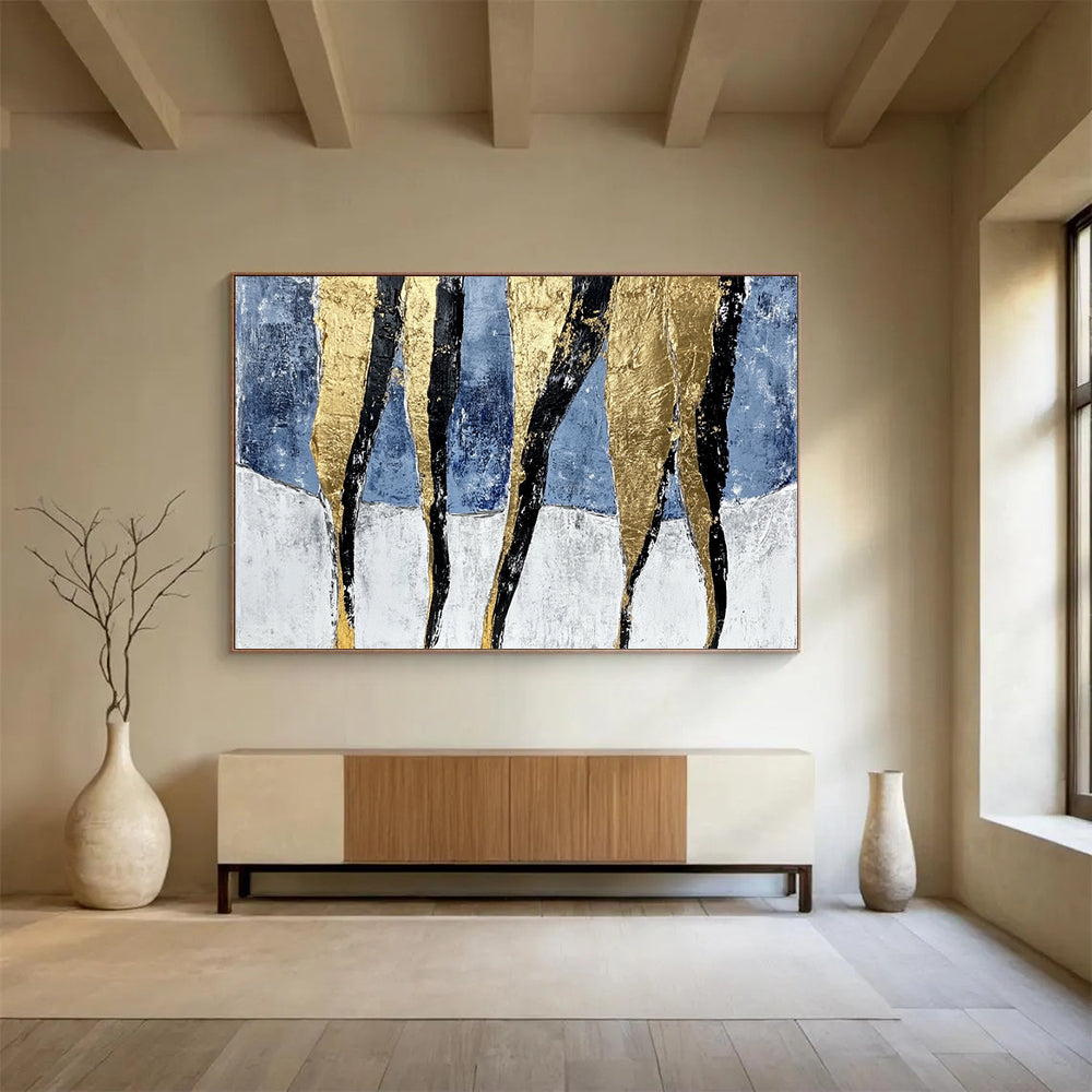 “Gold Black Stripes on Blue White” - Gold, Black, Blue, White, Striped Forms - Painting On Canvas HB1416