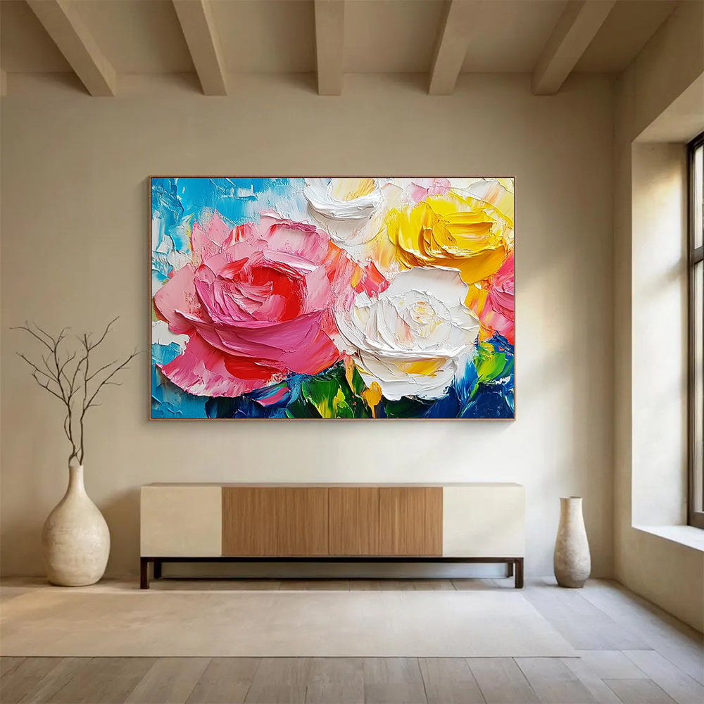 “Colorful Rose Impasto” - Pink, Yellow, White, Blue - 3D Rose Bouquet - Impasto Painting HB1302