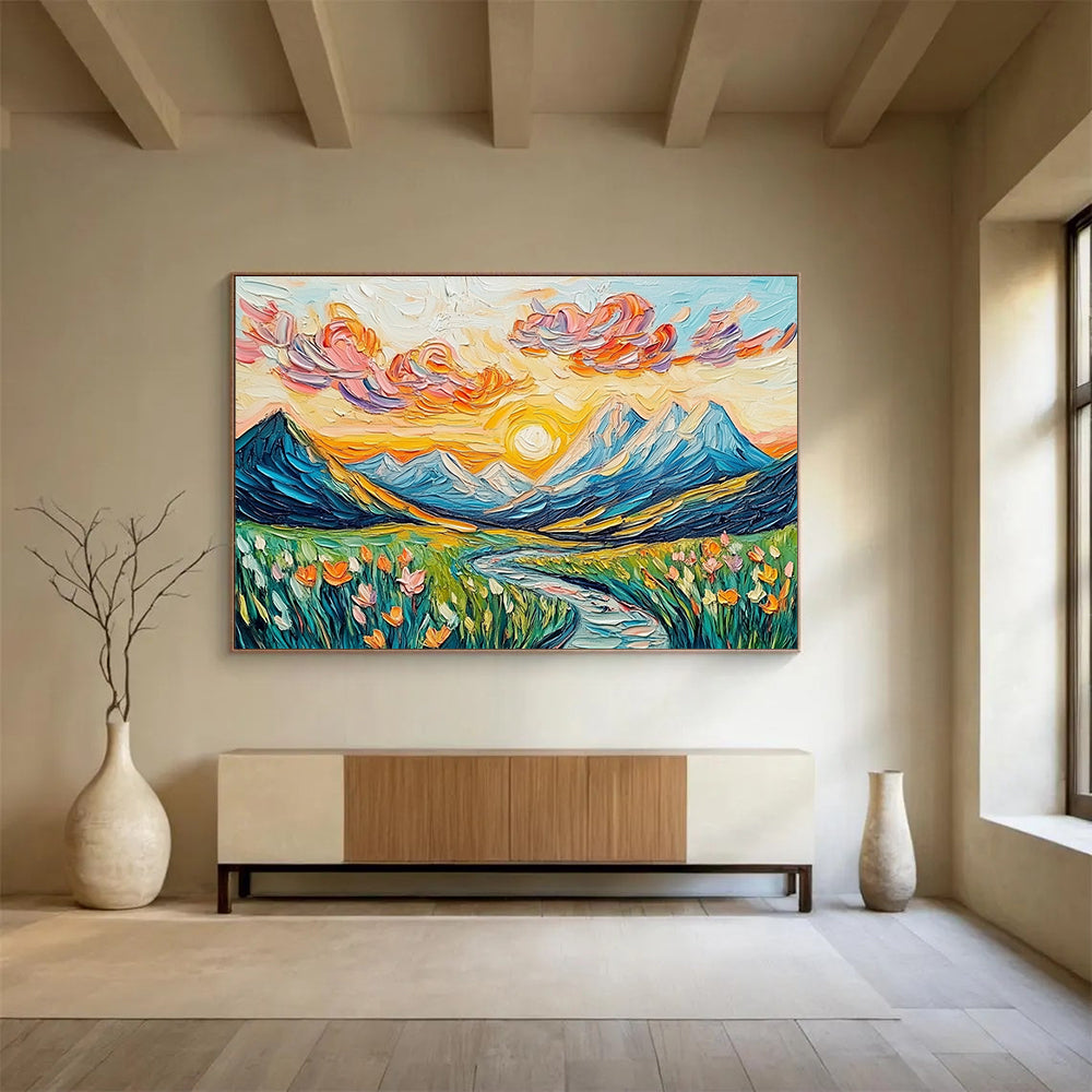 “Sunset Mountain Valley” - Colorful, Mountain, River, Flowers Painting On Canvas HB0746