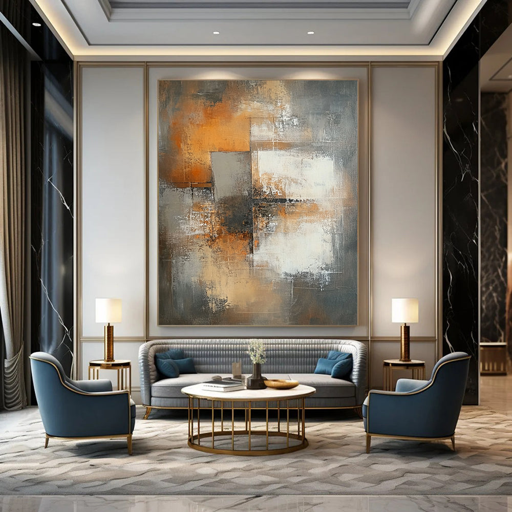 Large contemporary hand-painted abstract artwork featuring faded brown tones, white squares, and a central cross amidst an urban backdrop with expressive brush strokes. DLZ0515