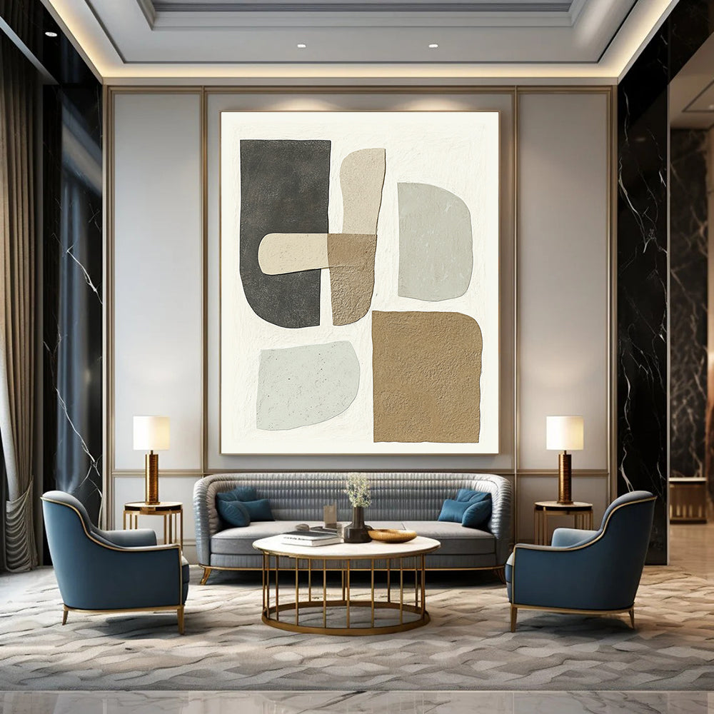 Contemporary hand-painted abstract artwork featuring minimalist shapes in soft gray beige and brown tones on a white background highlights unique textured forms. DLZ1344