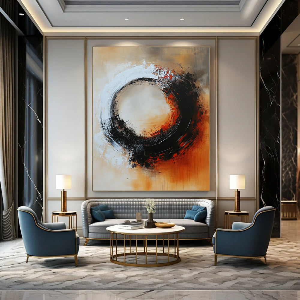 Large contemporary hand-painted abstract artwork featuring a circular composition with warm tones and mysterious elements in dark gray and soft reds. DLZ0702