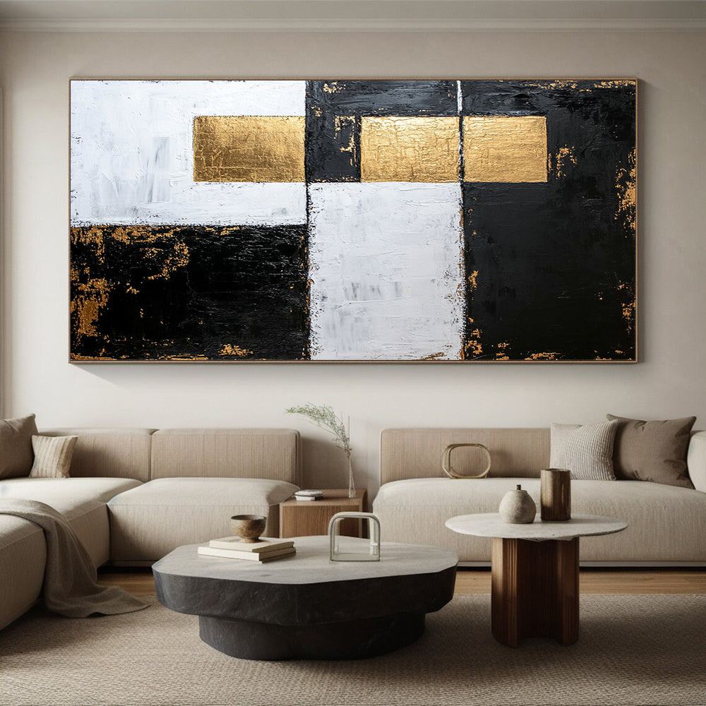 Black, White, Gold, Patchwork Squares "Gilded Fragmented Squares" Abstract Modernist Painting On Canvas HB158