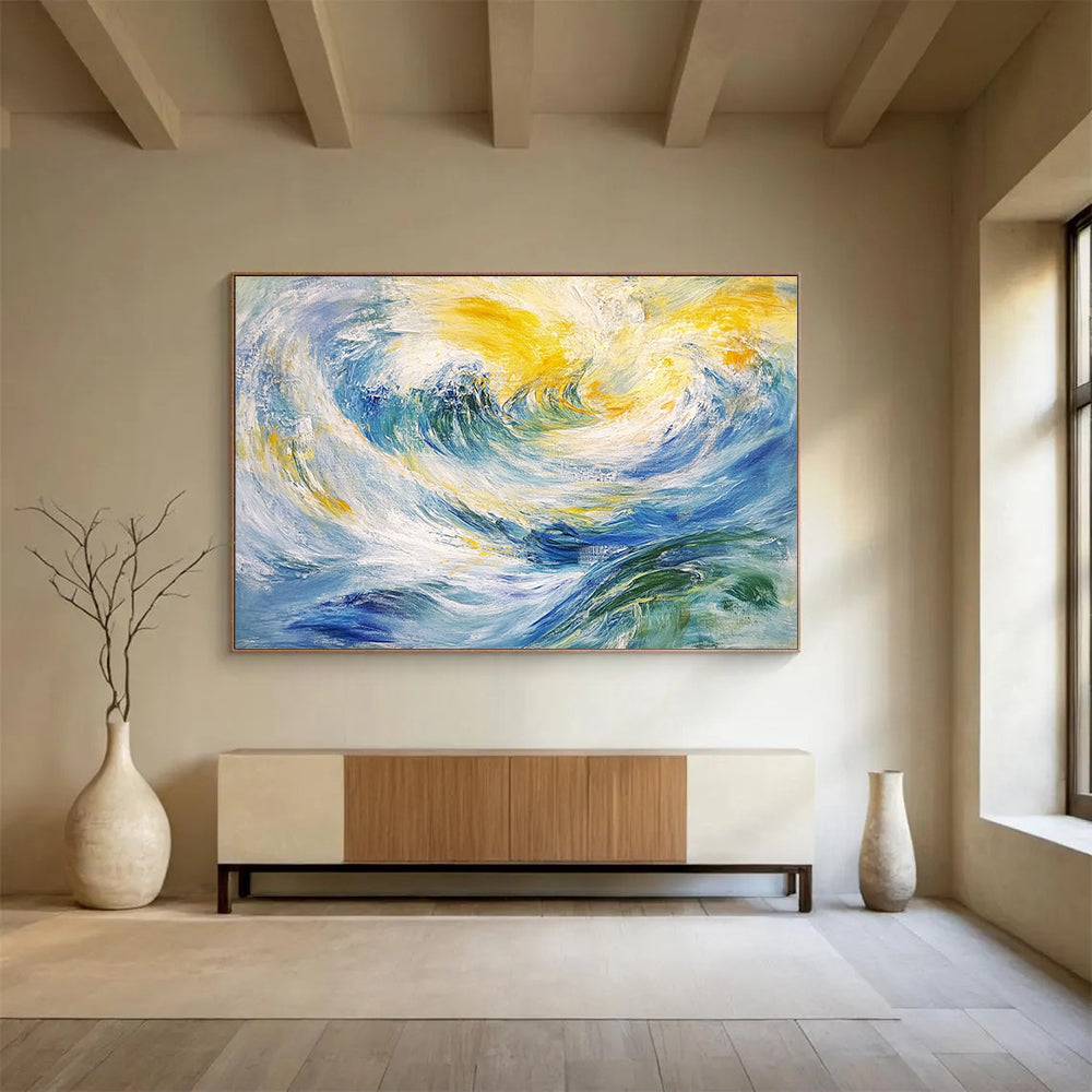 “Swirling Wave Dream” - Blue, yellow, white, green; Fluid strokes mimic ocean waves; Impressionistic Seascape Oil Painting On Canvas HB1173