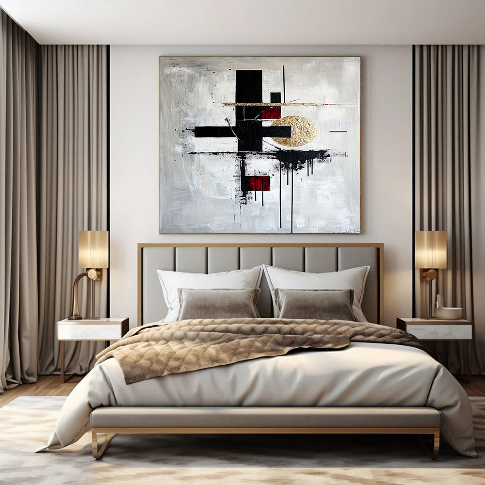 Black, White, Gold, Red with Bold Forms "Artistic Fusion" Abstract Painting On Canvas HB005