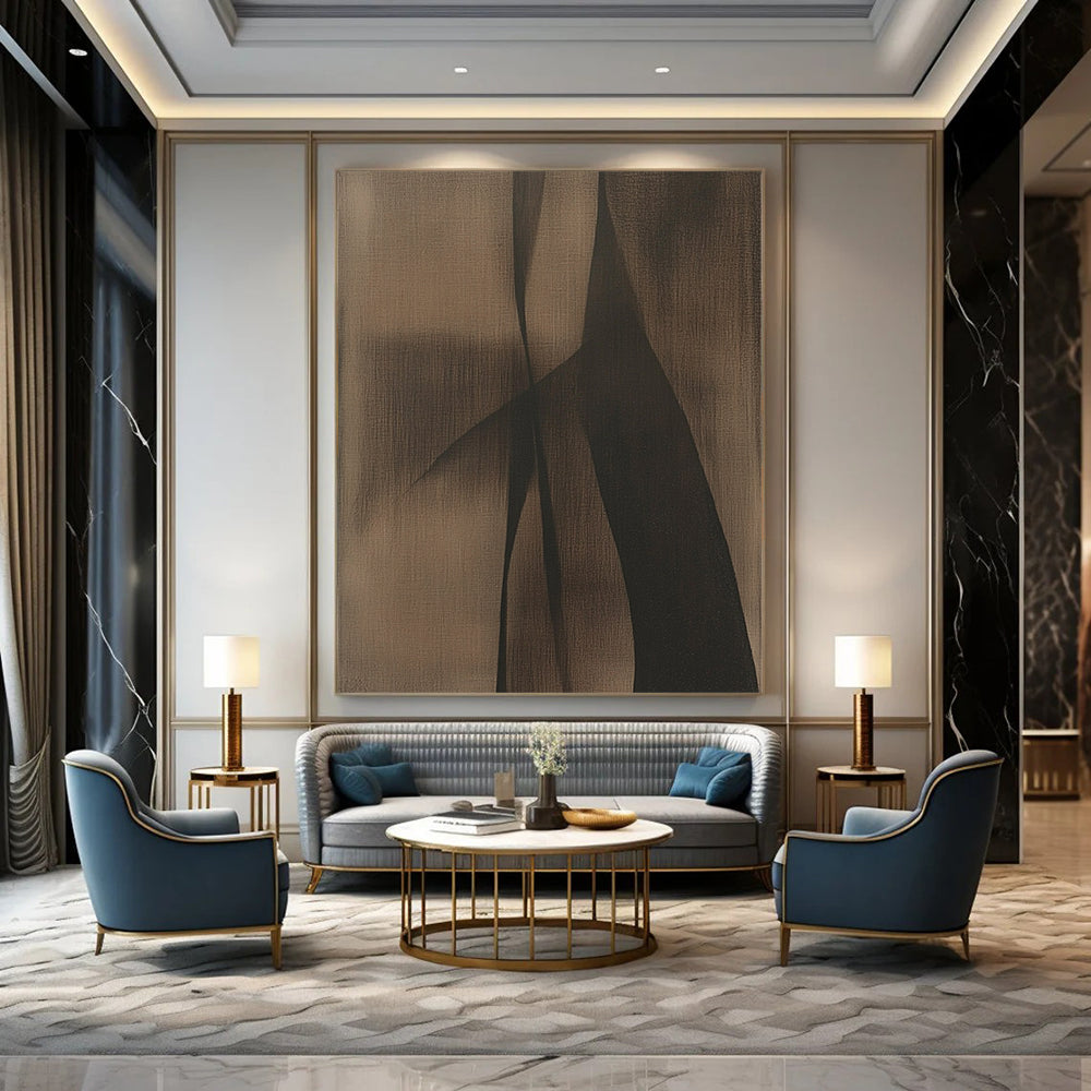 Large contemporary hand-painted abstract artwork with brown and black tones featuring minimalist shapes that evoke a powerful sense of mystery against a dark grey background. DLZ1186
