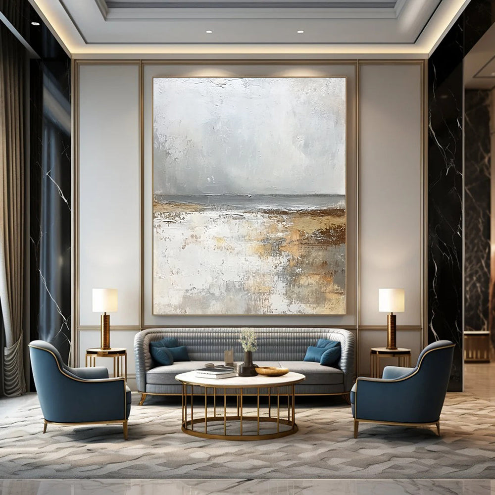 Contemporary abstract artwork featuring a serene misty beach in soft whites and greys exuding tranquility and harmony for elegant decor. DLZ0475