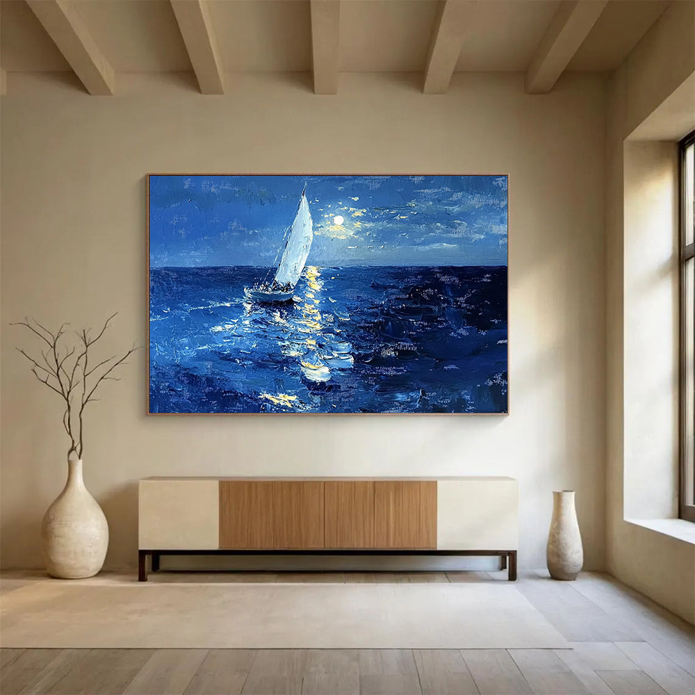 “Moonlit Sailboat” - Deep Blue, White, Yellow, Sailboat on Moonlit Sea - Impasto Oil Painting HB1696