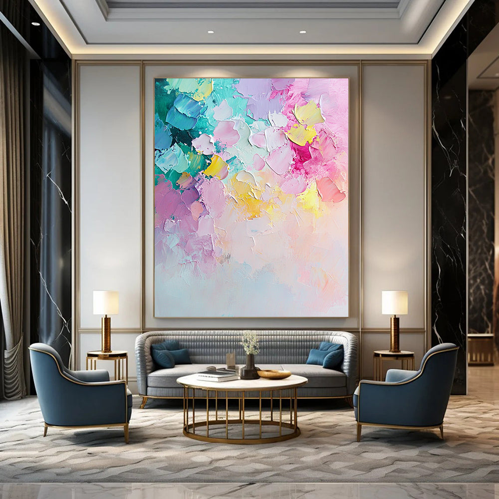 Contemporary hand-painted abstract art featuring pastel flowers in light pink and mint green with dynamic brush strokes and a textured palette knife finish. DLZ0761