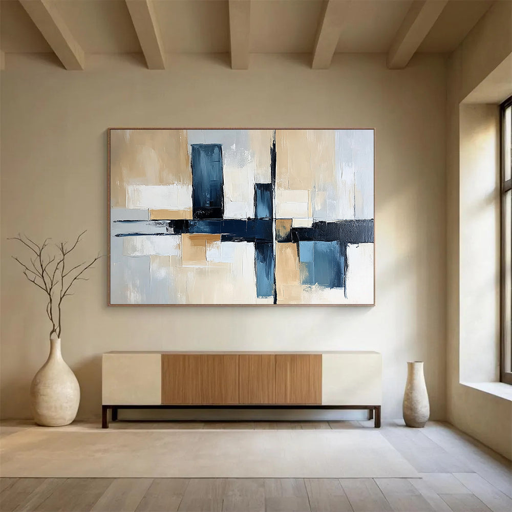 “Blue and Beige Geometric Abstract” - Blue, beige, gray, white; Geometric abstract with a cross design; Acrylic Painting On Canvas HB1262