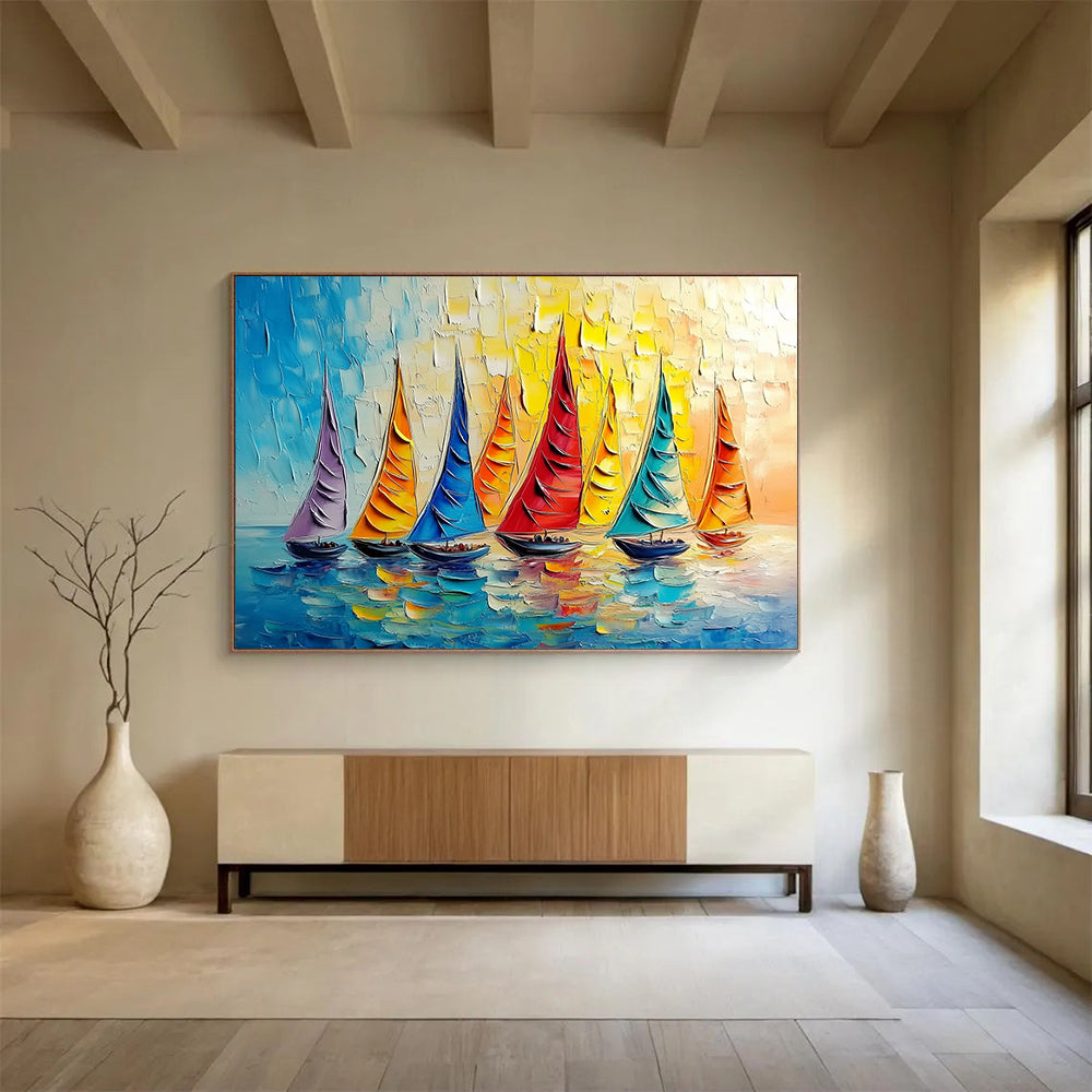 “Rainbow Sailboat Regatta” - Vivid Purples, Oranges, Blues, Colorful Sailboats - Impasto Oil Painting HB1735