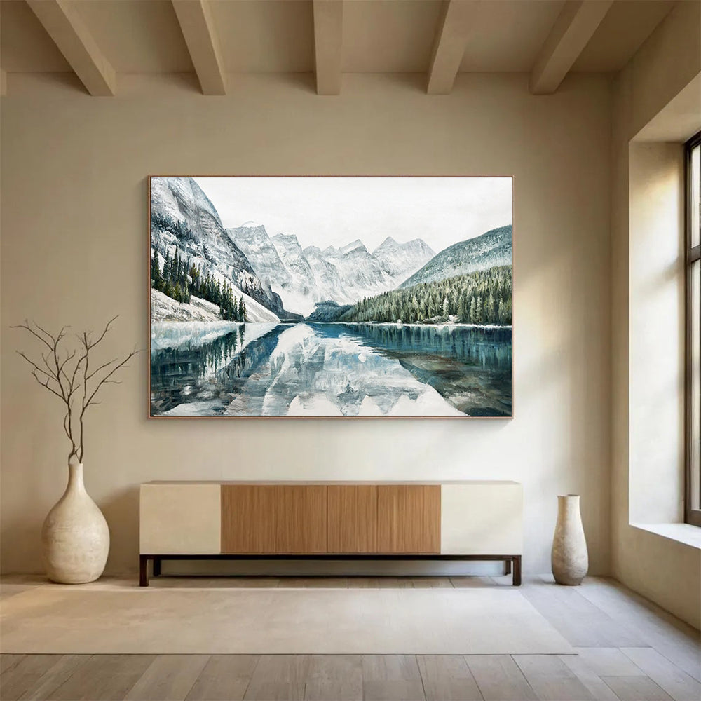 Snowy Mountain Lake Reflection - Serene Living Room Art DLZ221
