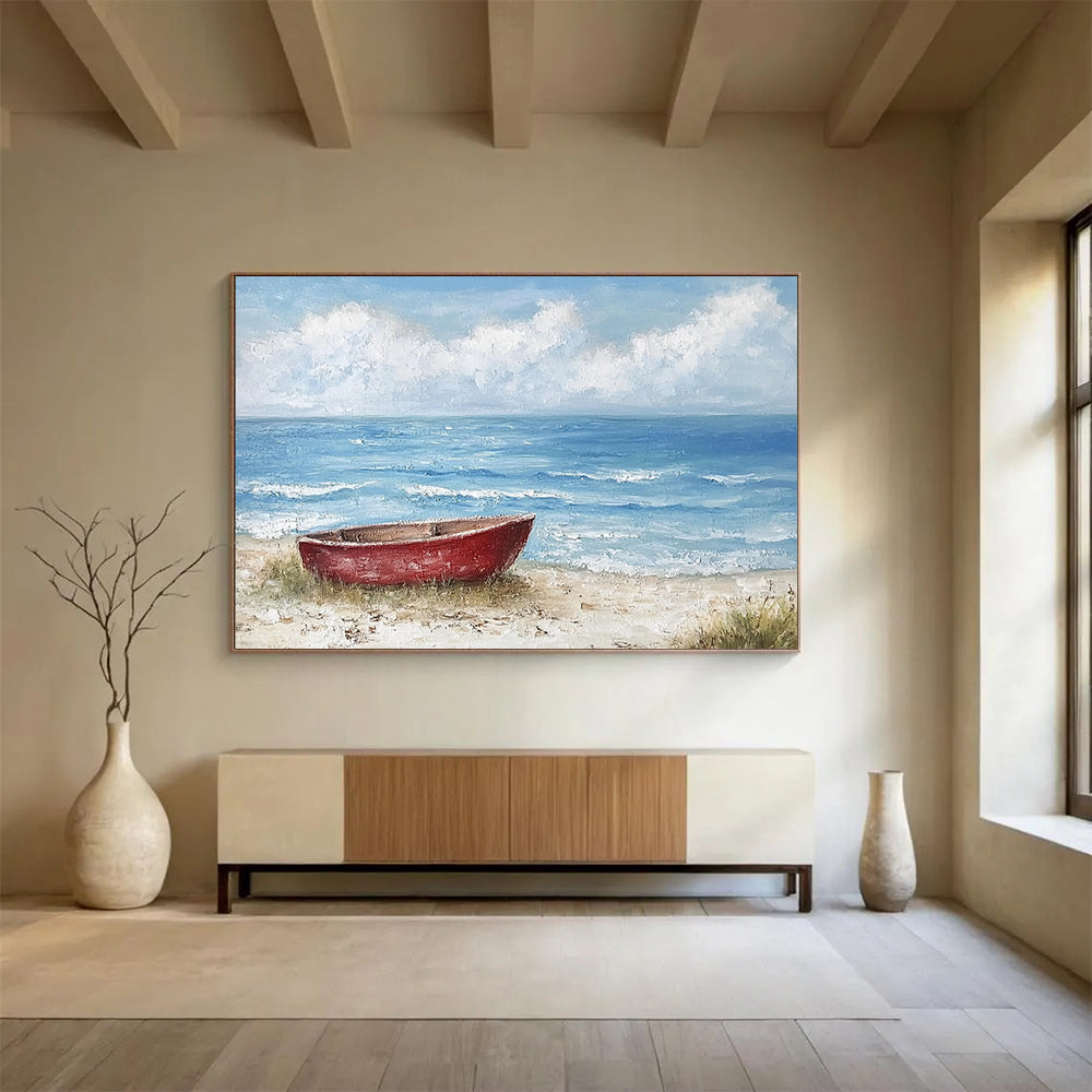 “Red Boat on Calm Beach” - Blue, Red, Beige, Boat on Sandy Shore - Textured Acrylic Painting HB1697