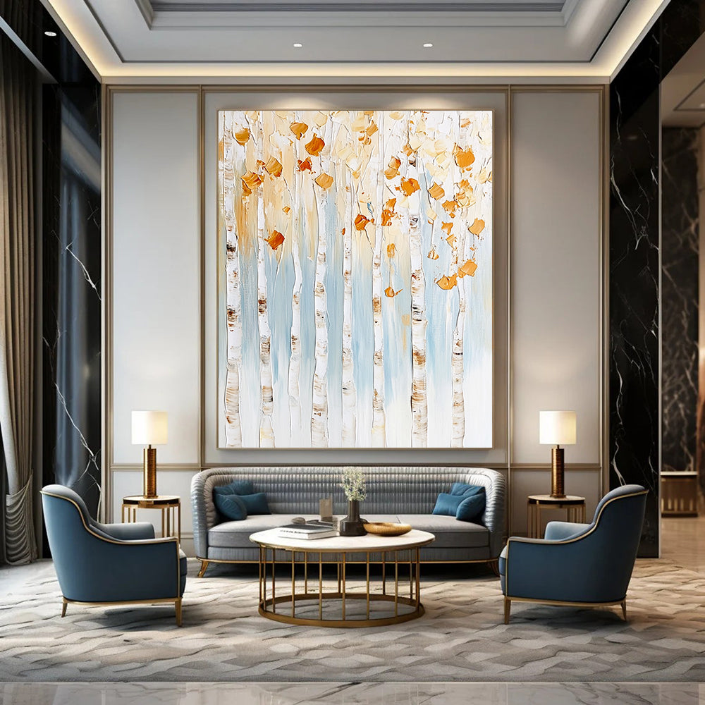 Contemporary abstract artwork featuring birch trees with gold and white leaves against a light blue background with textured brush strokes and floral accents. DLZ0976