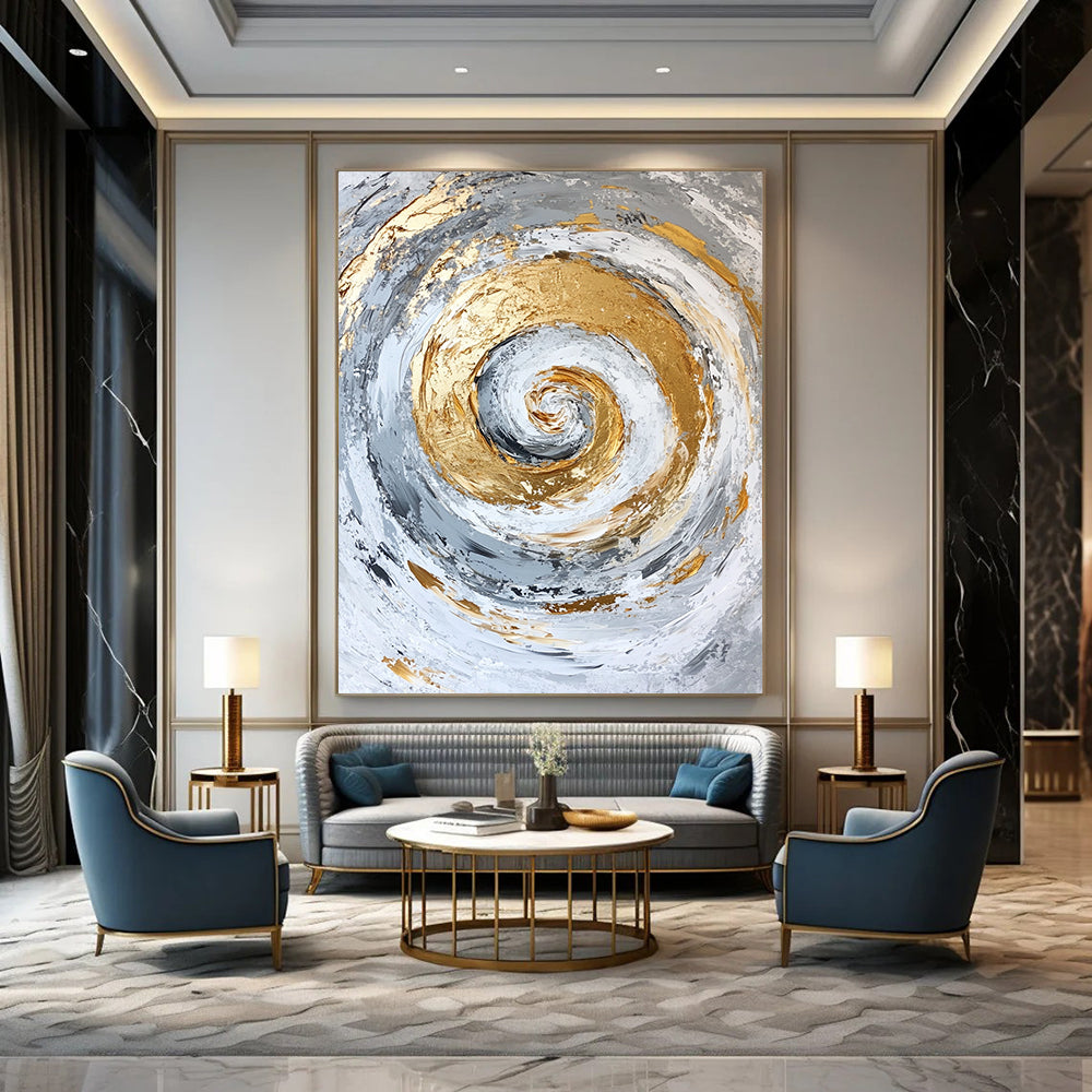 Contemporary hand-painted abstract artwork featuring a spiral design with gold accents on a textured white and grey background. DLZ0807