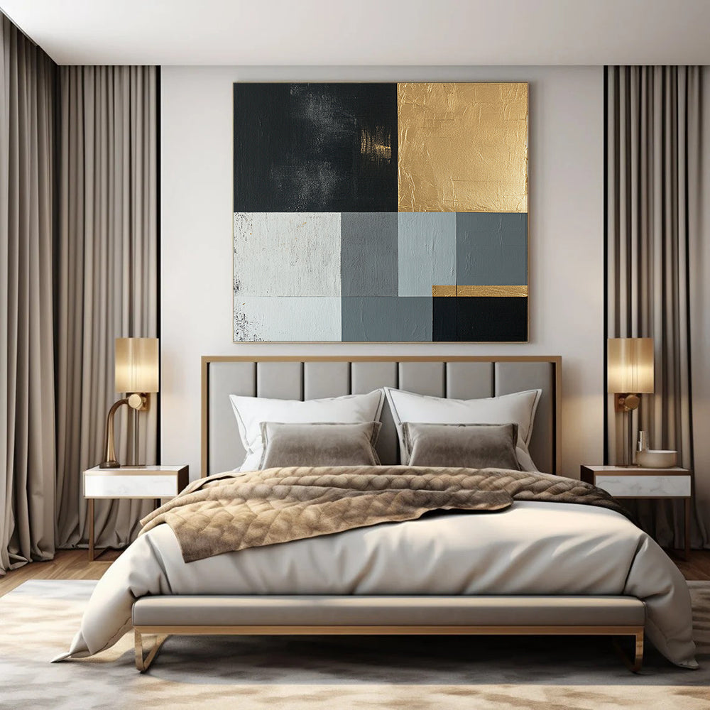 Black, Gold, Gray, White with Geometric Blocks "Elegant Geometry" Abstract Painting On Canvas HB001