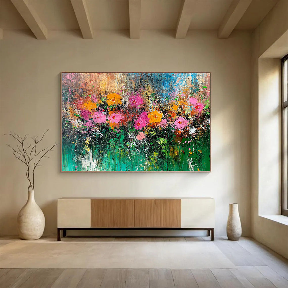 “Wildflower Symphony” - Pink, orange, yellow, green; Thick, textured blooms in a vibrant field; Impasto Floral Oil Painting On Canvas HB1172