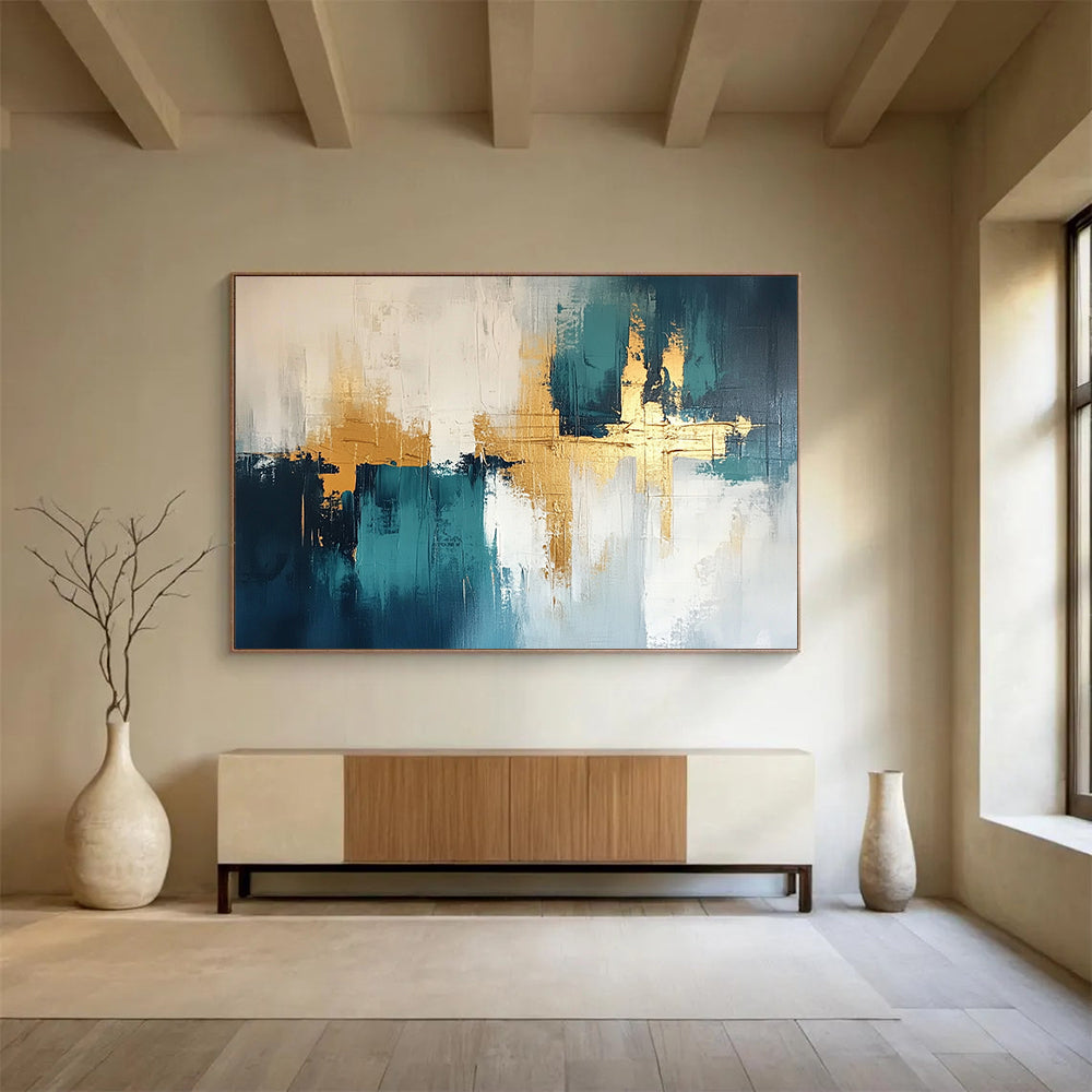“Teal and Gold Geometric Abstract” - Teal, white, gray, gold; Geometric abstract with gold crosses; Acrylic Painting On Canvas HB1247