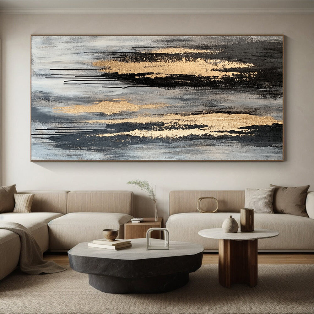 Gray, Black & Gold Dripping Textures - “Urban Gilded Streams” Painting On Canvas HB198