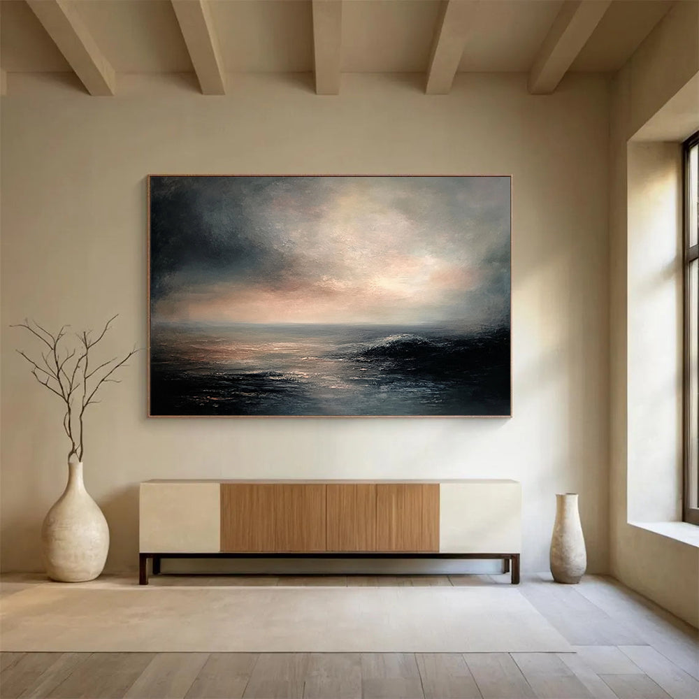 “Moody Dusk over the Ocean” - Greys, Pinks, Blues, Dramatic Sea - Scape - Romantic Oil Painting HB1561