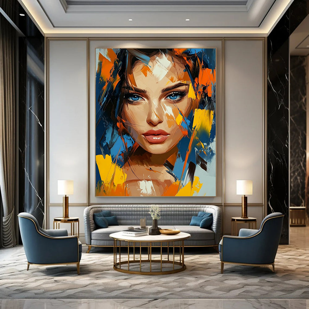 Contemporary abstract artwork featuring vivid colors and geometric shapes with expressive brushstrokes capturing a woman's beauty and depth. DLZ1130