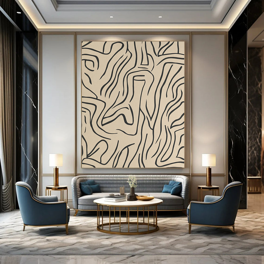 Contemporary abstract artwork featuring beige lines and shapes on a grey background, inspired by Matisse in elegant black ink. DLZ1072