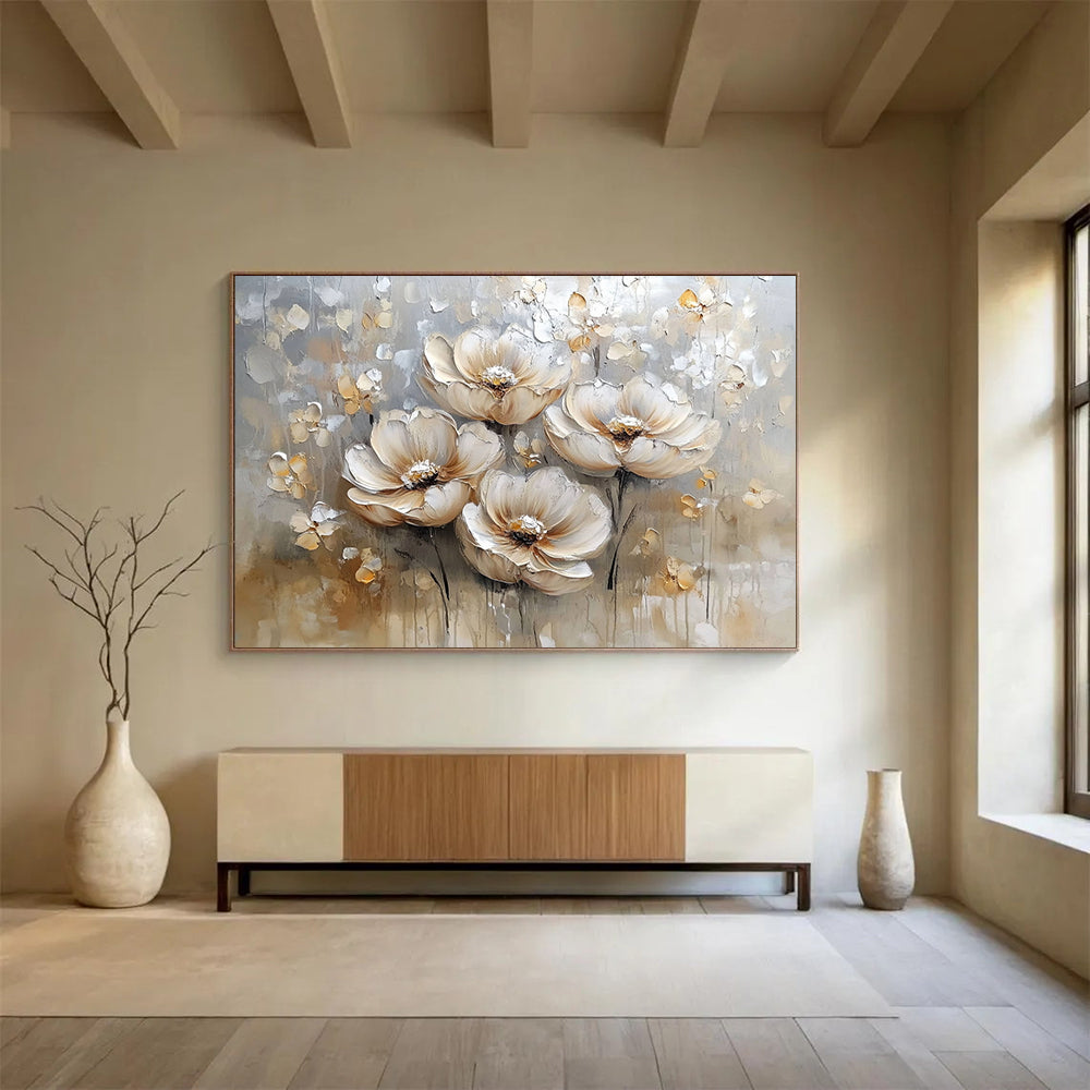 Beige, Gray and White Textured Flowers "Elegant Blooms" Painting On Canvas HB0421