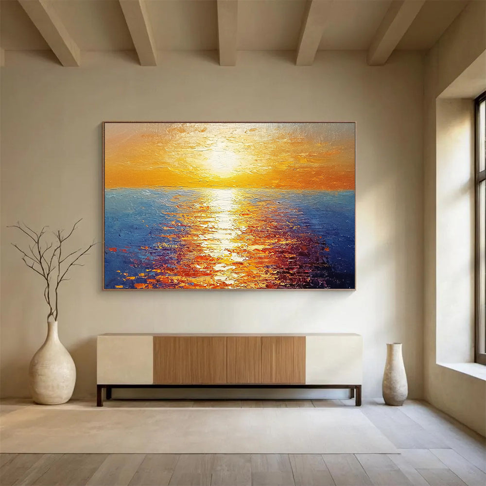 “Radiant Sunset Over Sea” - Orange, Yellow, Blue, Impressionist Seascape Painting On Canvas HB0693
