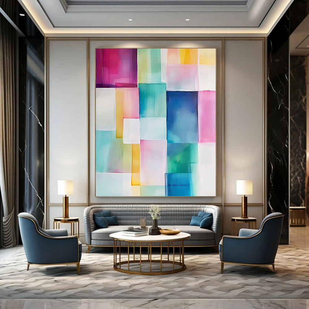 Contemporary hand-painted abstract art featuring geometric blocks of soft pink, blue, green, yellow, and white with translucent shapes and smooth edges. DLZ0911