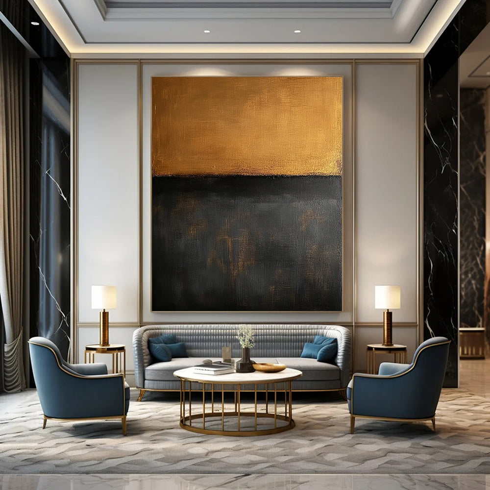 Contemporary large hand-painted abstract art features a minimalist brown and dark gray oil on canvas background in the style of Mark Rothko. DLZ0700