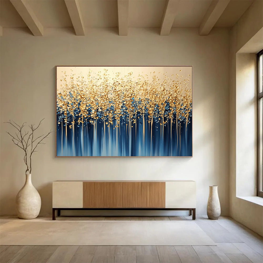 “Golden Forest Cascade” - Gold, Blue, White, Abstract Tree - like Forms with Drips Painting On Canvas HB1085