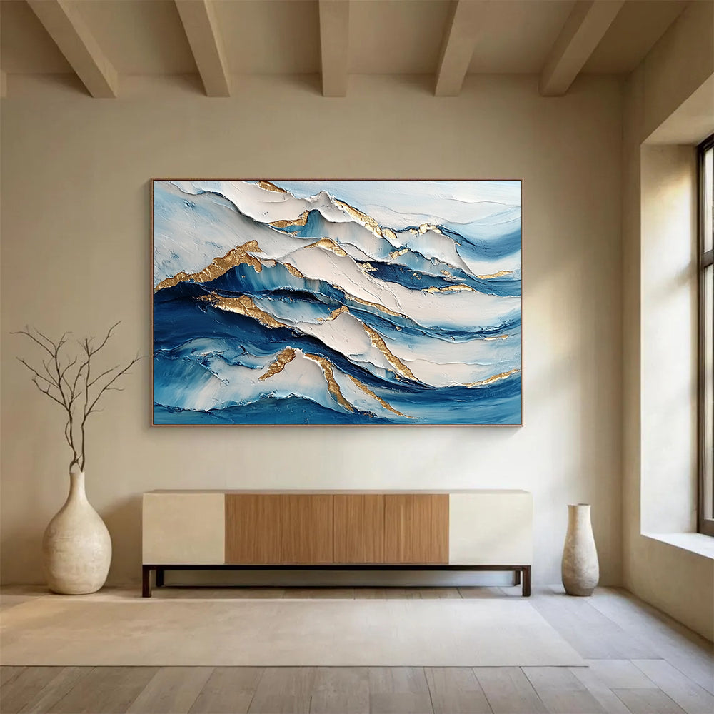 “Layered Wave Textures” - Blue, White, Gold, Layered Wave Textures Painting On Canvas HB0973