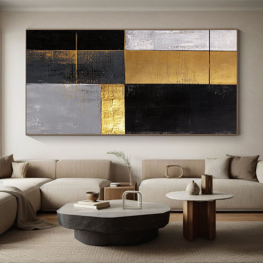 Black, White, Gold, Gray, Patchwork Squares "Gilded Mosaic Tiles" Abstract Minimalist Painting On Canvas HB162