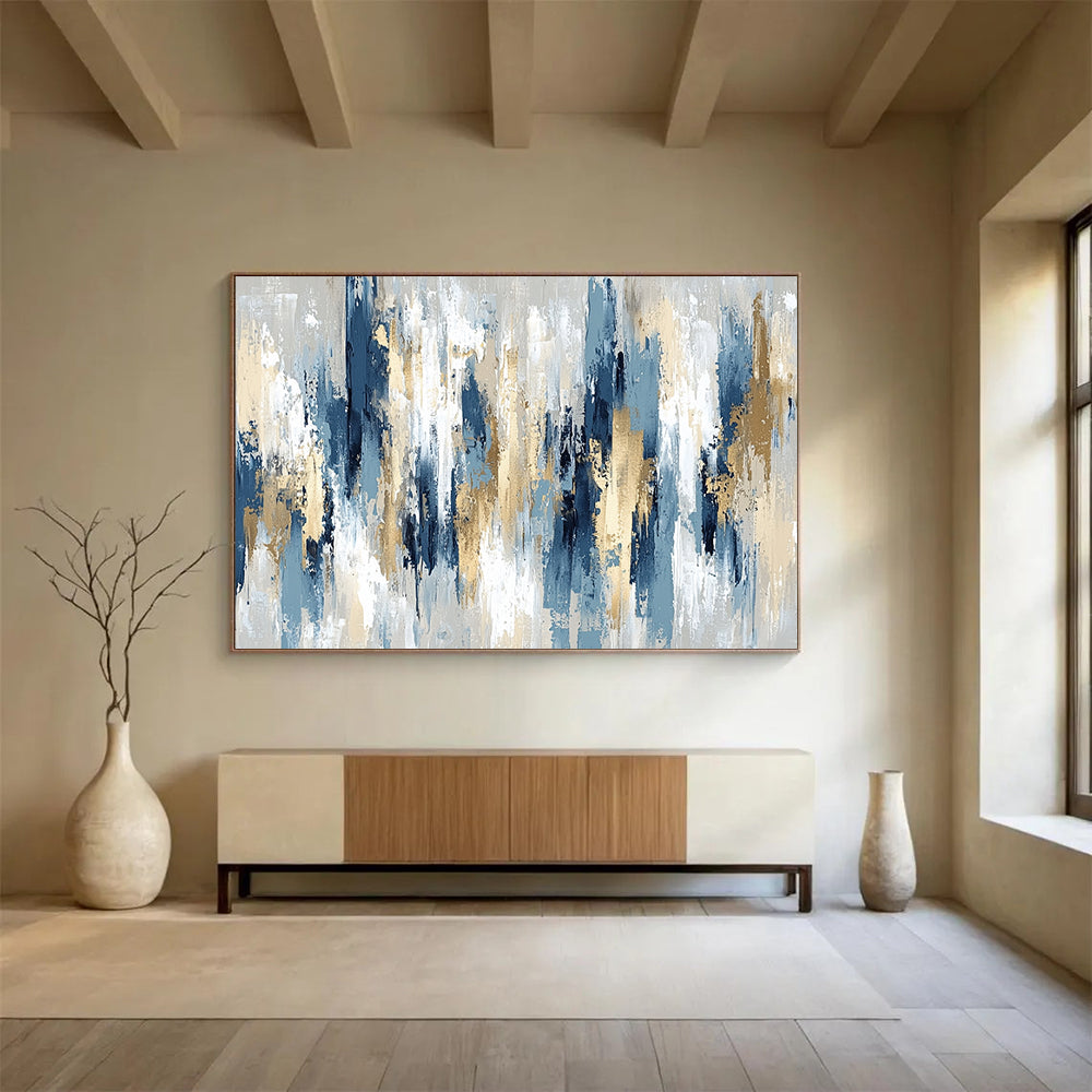“Elegant Blue, Gray, and Gold Vertical Strokes” - Blue, gray, gold; Abstract vertical strokes with gold accents; Acrylic Painting On Canvas HB1231