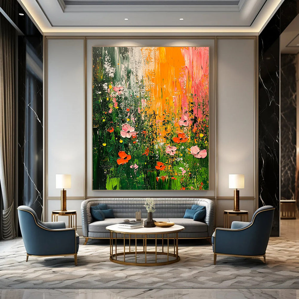 Contemporary hand-painted abstract artwork featuring an overgrown garden with vibrant green pink and orange flowers using thick brush strokes and rich texture on canvas. DLZ0966