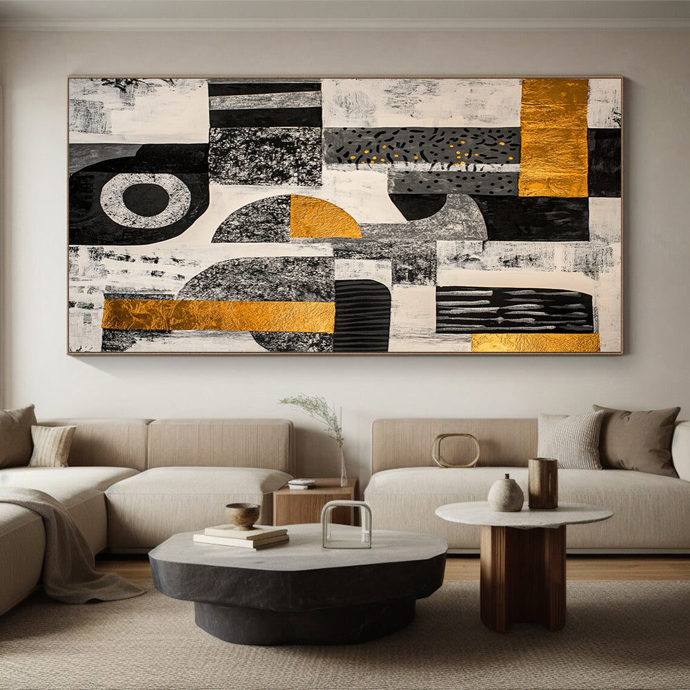Black, White, Gray, Gold and Yellow Geometric Collage "Vibrant Mosaic" Painting On Canvas HB377