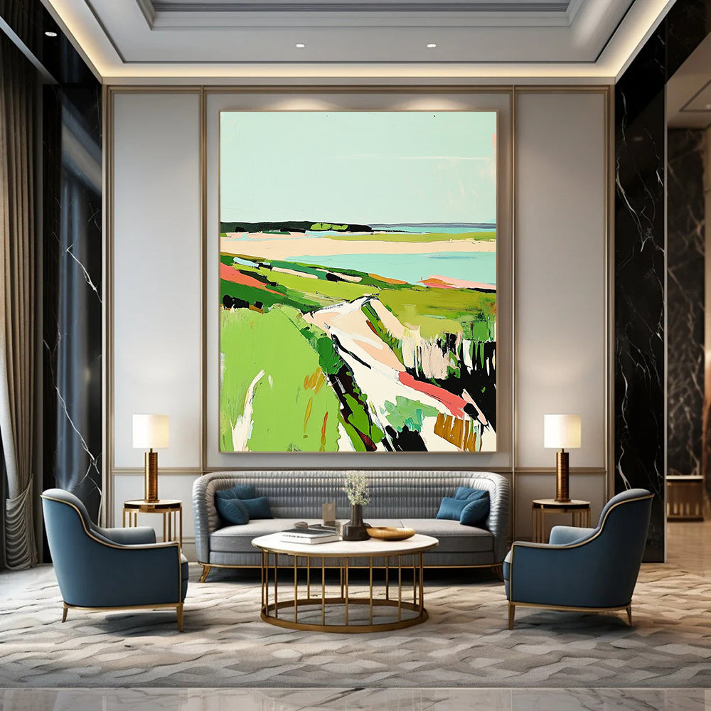 Contemporary abstract painting featuring vibrant green grass and a serene sky inspired by the coastal beauty of Cape Cod in Matisse's style. DLZ1420