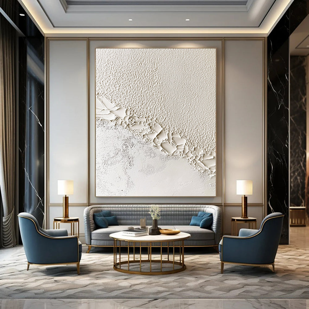 Contemporary hand-painted abstract artwork featuring textured white waves at the wall and ceiling edge, symbolizing creativity and innovation in architectural design. DLZ1215
