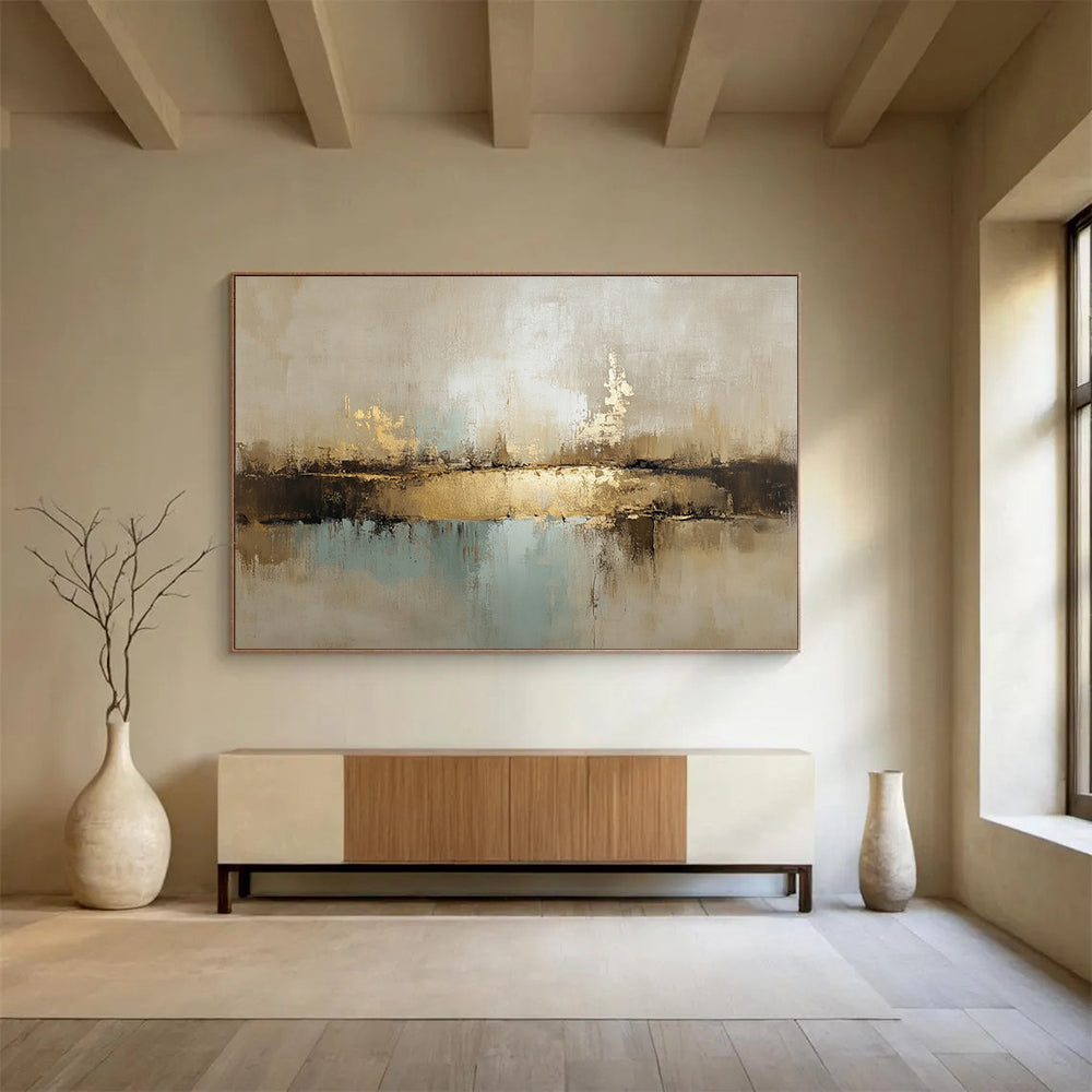“Neutral Tones Abstract Landscape” - Beige, Gold, Blue, Textured Horizons, Abstract Landscape Painting On Canvas HB0898