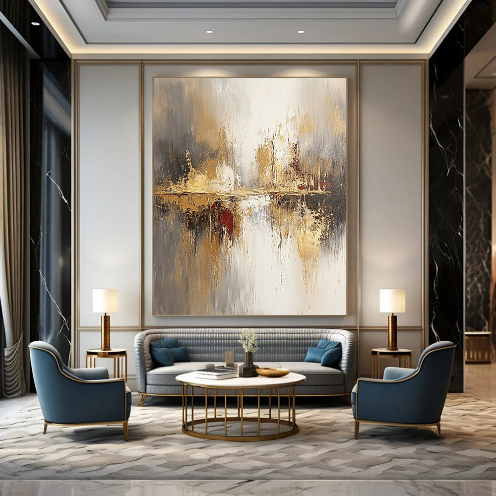 Large contemporary abstract painting featuring soft beige and gray tones enhanced with gold accents and a blurred background for a modern aesthetic. DLZ0759