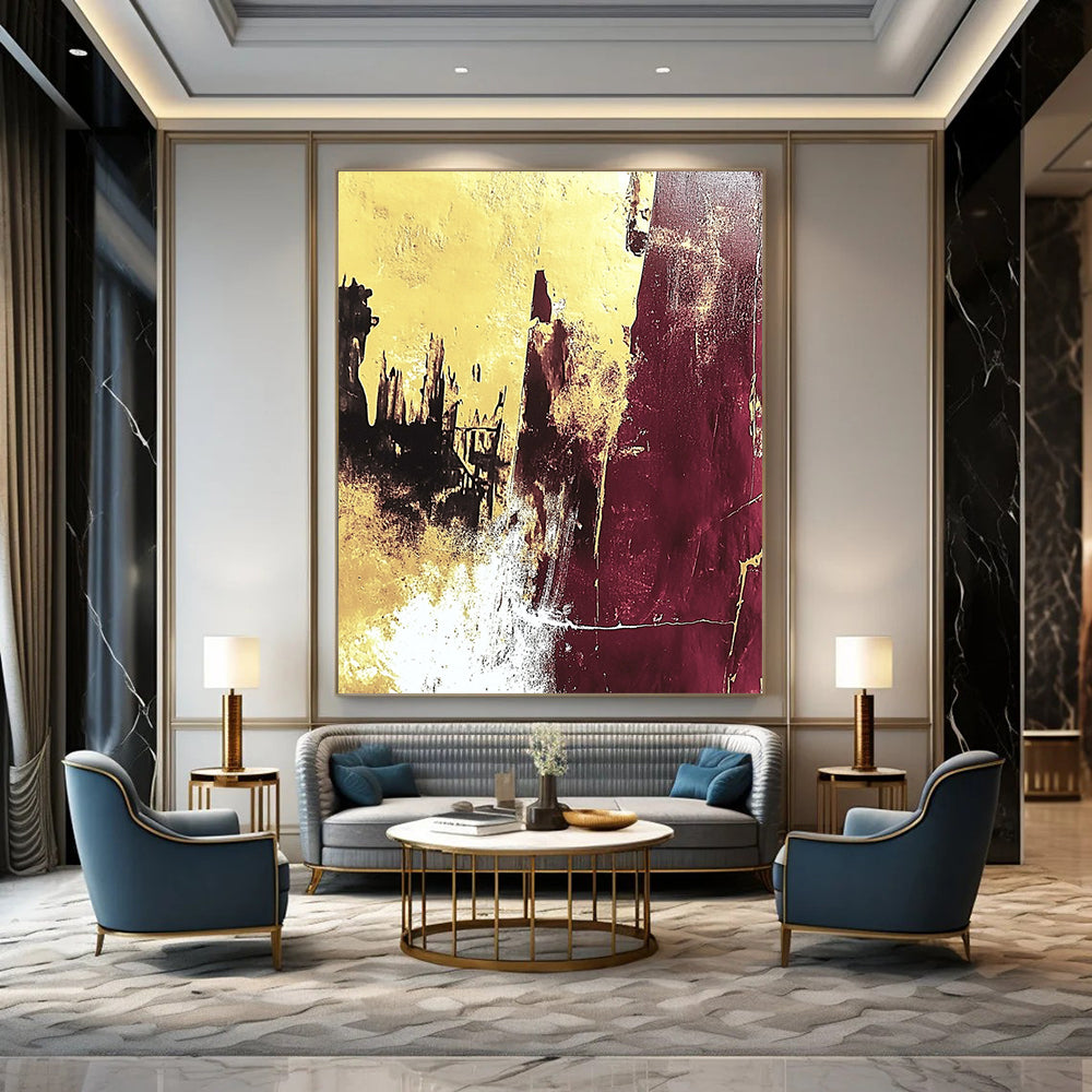 Large contemporary hand-painted abstract artwork featuring yellow and burgundy colors with white texture and gold leaf, capturing ruins in a high-contrast detailed style. DLZ1527