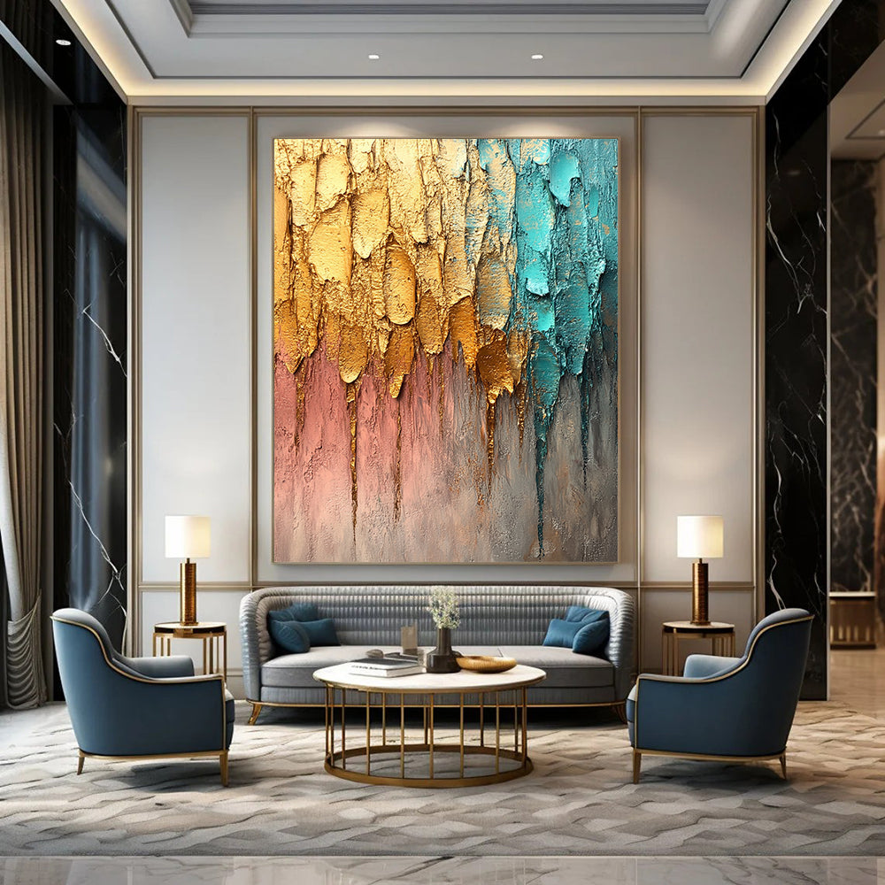 Contemporary abstract painting featuring textured brush strokes in gold silver and teal against a muted gray background with dynamic raindrop-like lines. DLZ1193
