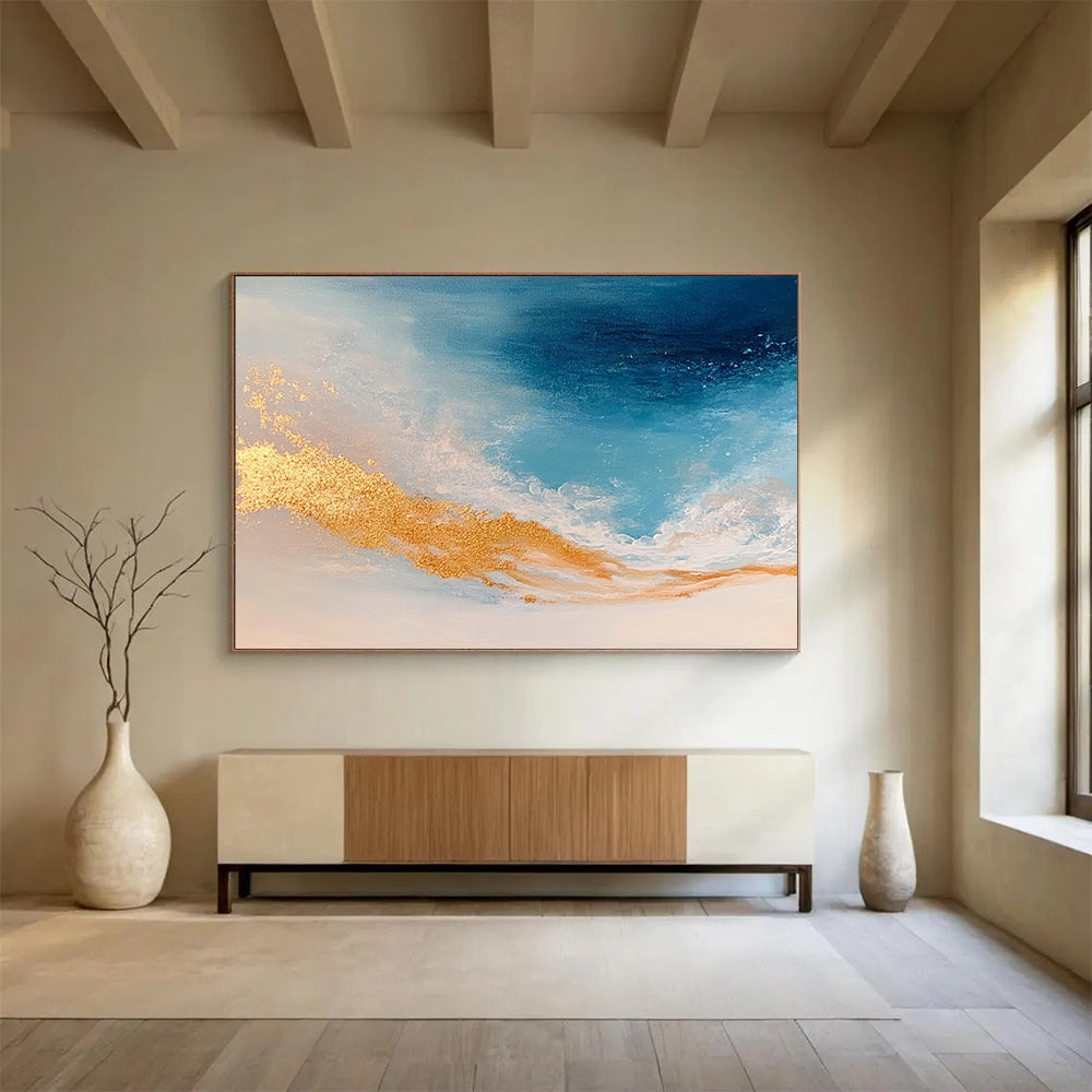 “Blue and Gold Ocean Waves” - Blue, Gold, White, Abstract Ocean Waves Painting On Canvas HB0971
