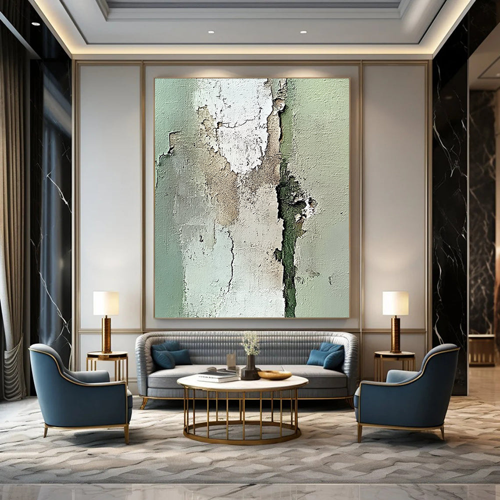 Contemporary abstract artwork featuring an old peeling wall in neutral tones with intricate light green and beige textures using impasto technique. DLZ1199