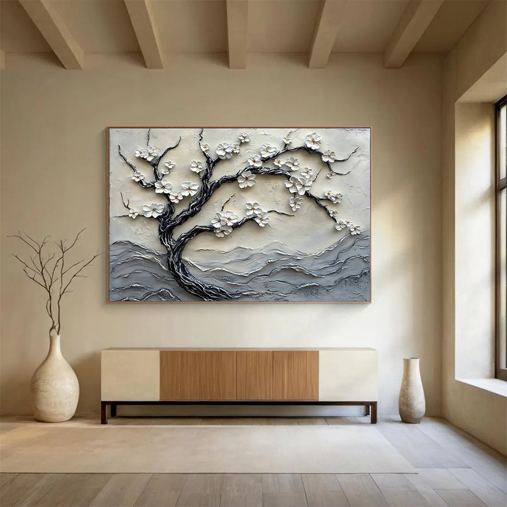 “White Blossom Tree Relief” - Whites, Grays, Textured Tree with Blossoms - 3D Relief Sculpture Painting HB1740