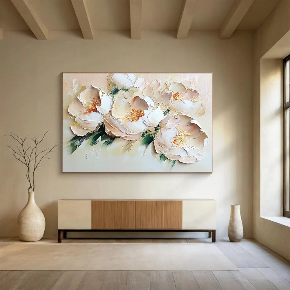 “Blush Peony Blooms” - Muted peaches, whites, greens; Thick - textured peony flowers; Impasto Floral Painting On Canvas HB1157